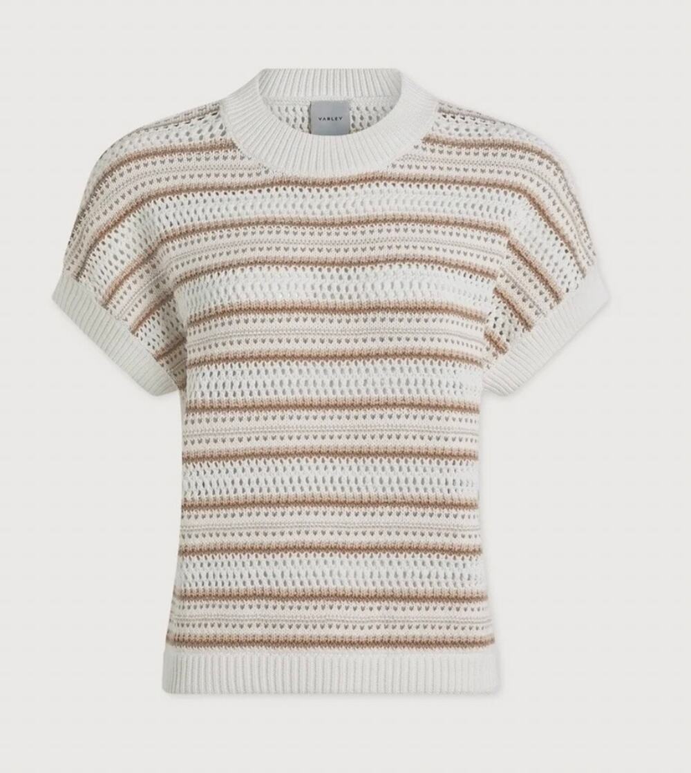 NWT Varley Ciara Chanterelle Stripe Pointelle Knit Sweater Top Cream Brown XS